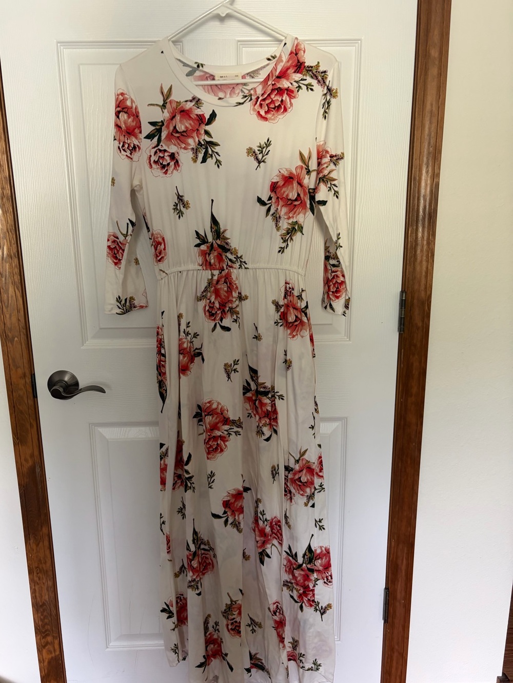 Women's Cream Maxi Dress with Coral Floral Print